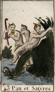 Representação do deus do campo Pan e satyres. Ele tem coxas peludas, pés de cabra, e toca flauta (Syrinx) tem vários canos. (O deus camponês Pan, representado com sátiros, tem pernas peludas e pés de cabra, toca syrinx ou flauta de pan) De "Mythologie de de French School