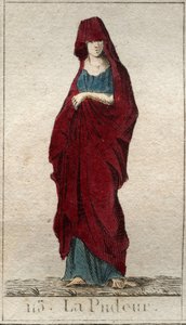 Representação da divindade da Modéstia, uma jovem mulher com o rosto coberto por um véu. (Representação da Prudishness, como uma mulher com o rosto coberto de véu). Da "Mitologia da Juventude", de Pierre Blanchard 1803. de French School