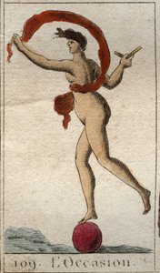 Representação da divindade da Ocasião, uma jovem careca, com um torrão de cabelo para poder agarrá-la, ela vaza em uma roda, ela segura uma navalha e um véu (Representação da Oportunidade, como uma mulher sem cabelo, com um monte para pegá-la, ela r de French School