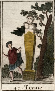 Representação do deus Terme, na forma de um terminal, para marcar possessões e terras. (Representação do deus terminal, em forma de terminal de pedra de terras e possessões). Da "Mitologia da Juventude", de Pierre Blanchard 1803. de French School