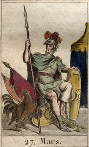 Representação do deus da guerra Marte, arma, perto de um galo. (O deus da guerra Marte armado com um garanhão). Da "Mitologia da Juventude", de Pierre Blanchard 1803. de French School