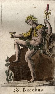 Representação do deus do vinho e da vindima Baco, segurando uma taça na mão. (O Deus do vinho e da vindima Baco com uma taça de vinho). Da "Mitologia da Juventude", de Pierre Blanchard 1803. de French School