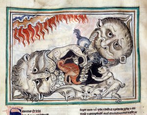 Representações das criaturas do submundo vencendo as maldições Miniatura extraída do "Apocalipse de Cambrai" iluminada pela escola francesa do século XIII. Ms. 422. Biblioteca Municipal de Cambrai de French School