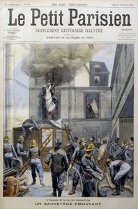 Resgate durante um incêndio dos Bombeiros: um resgate em movimento - em "Le petit Parisien". de French School