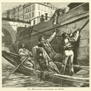 Resgate de uma mulher do rio Sena em Paris (gravura) de French School