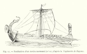 Restituição de um navio normando, século XI, da Tapeçaria Bayeux (gravura) de French School