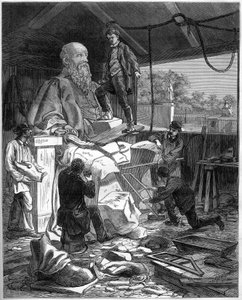 Restauração das estátuas do Corpo-Legislatifs (a Assembleia Nacional ou Palais Bourbon) para preparar a Exposição Mundial em Paris em 1878. Os restauradores cuidam da estátua de Michel de L