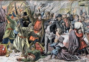 Revolução de 1905 - Revoltantes camponeses russos invadindo uma casa de campo. Jacquerie nas províncias russas. Invasão de um castelo por revoltas de camponeses russos. Ilustração para Le petit Journal, 2 de Abril de 1905. de French School