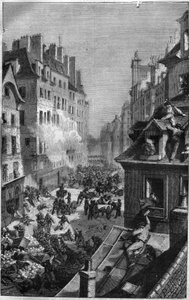 Revolução de 1830: luta no faubourg Saint Antoine. Gravura no "Histoire des Papes-Rois-Queen and Empereurs a travessa les centuries" de Maurice Lachatre de French School