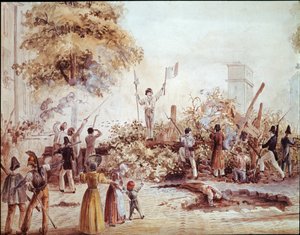 Revolução de Julho em Paris - Barricada na Boulevard Saint Martin em 1 de Agosto (aguarela, c.1830) de French School