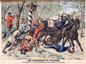 Revolucionário na Polónia - Terroristas atacam um treinador de correio na Polónia. As desordens na Polónia. Diligência dos postos atacados por um bando de terroristas. Ilustração para o Le petit Journal de French School