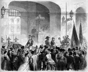 Risorgimento, Nápoles, 7 de Novembro de 1860: entrada de Victor Emmanuel II (Victor-Emmanuel) (Vittorio Emanuele) (1820-1878), Rei da Itália, no Palácio Real de Nápoles, após o voto da população que aceitou a adesão de Nápoles ao Reino de Itália de French School
