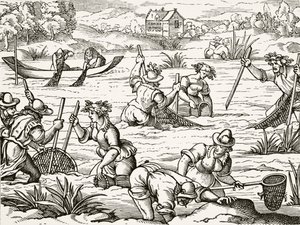 A pesca no rio, de "Ciência e Literatura na Idade Média", de Paul Lacroix (1806-84), publicou Londres 1878 (lito) de French School