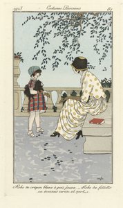 Vestido Crépon branco com bolinhas amarelas - Vestido de menina em tartan cereja e verde, de Costumes Parisien, pub.1913 (estêncil) de French School