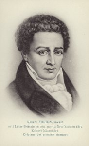 Robert Fulton (1765-1815), engenheiro americano, inventor e pioneiro dos barcos a vapor (litografia) de French School