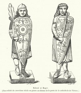 Roland e Roger, baixos-relevos de pedra do século IX acima da porta da catedral de Verona (gravura) de French School