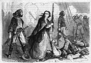 Série romana: "Memoriais de Joseph Garibaldi" de Alexandre Dumas (1802-1870). Anita Garibaldi (1821-1849), esposa de Giuseppe Garibaldi, que participa da batalha, com um rifle na mão. Gravação em "Les bons romances". de French School