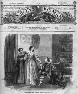 Série romana: "Os Três Mosqueteiros", de Alexandre Dumas pere (1802-1870). Ana da Áustria (1601-1666) apresenta ao Duque de Buckingham (Georges Villiers) uma caixa com os seus furões de diamantes. Ilustração do Capítulo XII. Gravação em "Les bons romances de French School