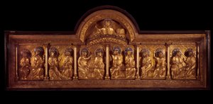 Arte românica: retábulo de Pentecote: antependium em madeira, cobre e esmalte. De Stavelot (Meuse) Por volta de 1160-1170. Paris, Museu Nacional da Idade Média, Termas de Cluny de French School
