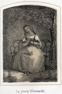 Romantismo: uma jovem alemã sentada num banco a despojar uma margarida a pensar no seu amante. Gravura anônima do século XIX de French School