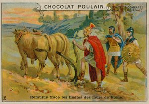 Rômulo definindo os limites de Roma, cartão comercial Chocolat Poulain