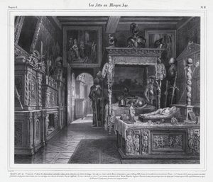 Quarto no Hotel de Cluny, Paris, onde Mary Tudor passou o seu período de luto em 1515 após a morte do seu marido, o Rei Luís XII de França (litho) de French School