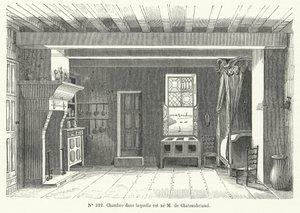 Quarto no Hotel de France em St Malo, Bretanha, no qual nasceu o escritor e político francês François-Rene de Chateaubriand (gravura) de French School