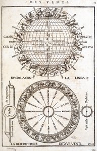 Rosa do vento e vento - gravura de French School
