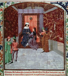 Roy 15 E IV f.14 Eduardo IV recebendo o livro do autor, de Old Chronicles of England, de Jean Batard de Wavrin, c.1470-80 (velino) de French School