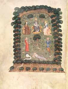 Roy 19 C IV f.298 Charles V entronizado no jardim com coroa e ceptro, do "Sonho do Guardião do Pomar". de French School