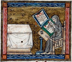 Real 14 E. III, f.6v Escriba copiando de uma cópia, ilustração de 