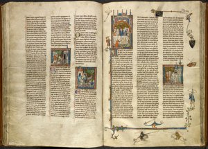 Royal 14 E. III, ff.88v-89 Lancelot retirando a cabeça do seu avô decapitado, o rei, de um poço a ferver; um edifício a ruir em dois cavaleiros. À direita, miniatura de Arthur e Guinevere sentados num banquete, da "Estoire del Saint Graal", de French School
