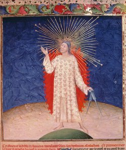 Royal 19 D III, f.3: Deus cercado pelo fogo com um par de bússolas, da Bíblia Historiale de Guyart des Moulins, c.1411 (vellum) de French School