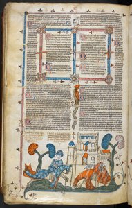 Royal MS 10 E IV f.313v, uma cena de bas-de-página de um cavaleiro a desatar outro antes de um castelo, c.1300-40 (caneta & tinta e têmpera em pergaminho) de French School