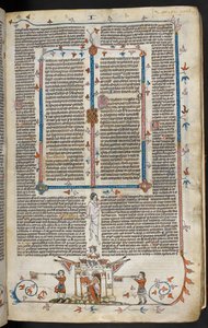 Royal MS 10 E IV f.66r, cena bas-de-página de um cavaleiro montado a sair de um castelo, c.1300-40 (caneta & tinta e tempera sobre pergaminho) de French School