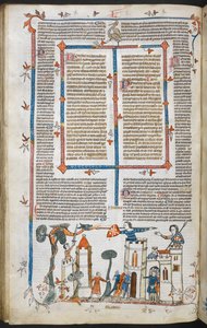 Royal MS 10 E IV f.88v, uma cena em baixo-de-página de um dragão atacando um castelo, c.1300-40 (caneta e tinta e têmpera em pergaminho) de French School
