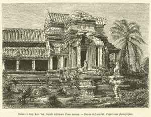 Ruínas em Ang-Kor-Vat, fachada interior de uma casa (gravura) de French School