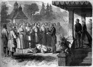 Costume russo: cerimónia de emancipação de um servo. Como sinal de submissão, o servo libertado beija os pés do seu senhor, que se derramou num copo de aguardente de batata. Gravura em "Le Monde Illustré" n°206 de 23 de Março de 1861. de French School
