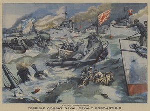 Guerra Russo-Japonesa: batalha naval ao largo de Port Arthur (cor litho) de French School