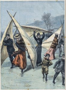Patinagem à vela no Canadá: Distracção de canadianos em patins de gelo e velas numa pista de patinagem, no "Le Petit Parisien". de French School