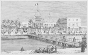 Saint-Louis, vista de N "Dar, Pont de Guet, ilustração de" Le Senegal ... "de Louis Leon Faidherbe, 1889 de French School