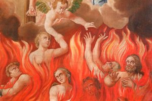 Igreja de Saint-Nicolas de Veroce. Último julgamento: o inferno. Um grupo dos Salvos. Pintura. A França. de French School