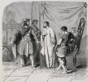 São Eloi e Dagobert: Dagobert ficou espantado quando Eloi lhe apresentou a segunda poltrona - grav. Século XIX de French School