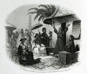 São François Xavier pregando o cristianismo no Japão. Gravura para Ilustrador História e Descrição do Japão por Pere de Charlevoix, A.Mame et Compagnie editeurs, Tours de French School