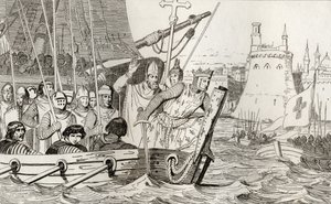 São Luís IX (1214-70) conduz suas tropas em batalha, de &39;Histoire de France&39; por Colart, publicado em 1840 de French School