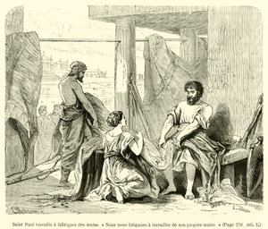 São Paulo trabalha na construção de tendas, "Trabalhamos com as nossas próprias mãos" (gravura) de French School