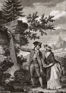 Gravura de São Preux e Julie de 1793 para "Julie ou la nouvelle Heloise" do filósofo suíço Jean Jacques (Jean-Jacques) Rousseau (1712-1778) - Julie e Saint-Preux, ilustração de "La Nouvelle Heloise" de Jean-Jacques Rousseau (1712-78) (gravura) de French School