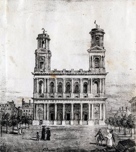 Igreja Saint Sulpice, Paris - "Alphabet Picturesque des Monumens de Paris" c.1840 (gravura) de French School