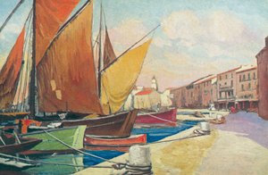 Saint Tropez: Barco à vela no porto (litografia a cores) de French School