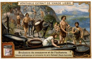 Comércio de sal na Alta Áustria em época pré-histórica em Hallstadt - chromo. Liébig de French School